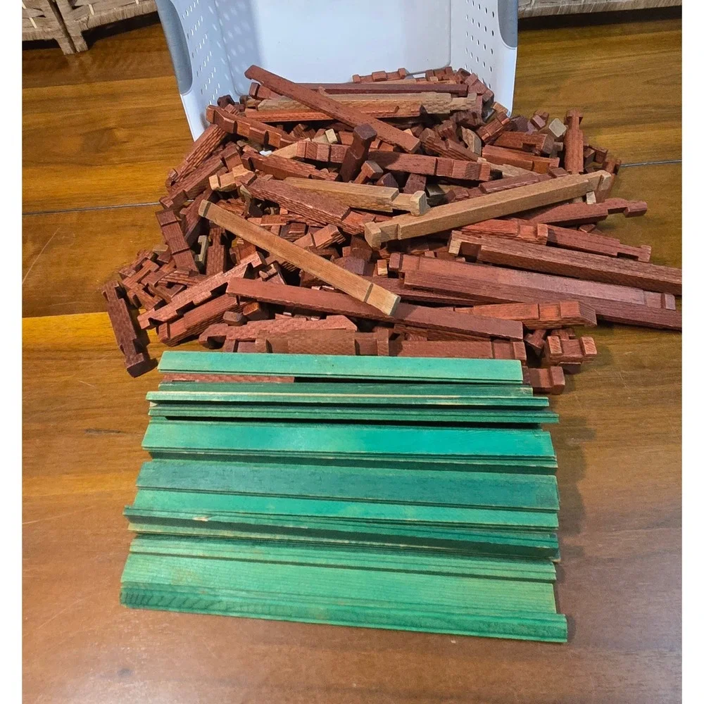 Vintage Wooden Building Logs Bulk Lot 7lb Set Brown Logs Green Roof Slats Toy